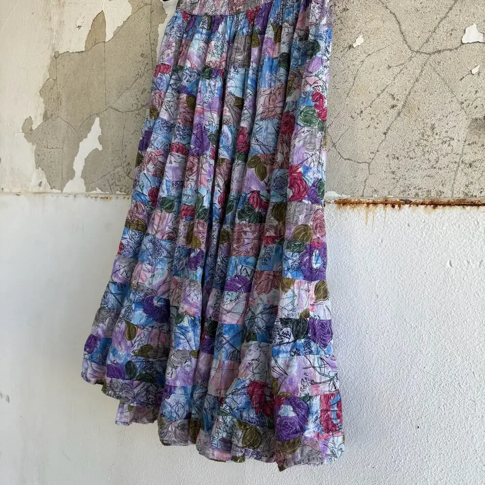 Boho Maxi Skirt Vintage Patchwork Crinkle Cotton Festival Tiered Midi‎ One Size - Picture 4 of 5